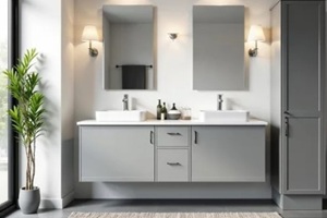 sleek modern bathroom vanity with white countertop and grey cabinets Perfect for a contemporary bathroom design