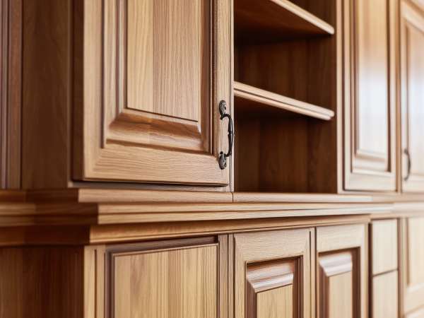 Close-up of elegant wooden cabinetry with intricate details and warm tones, showcasing craftsmanship and style in interior design.