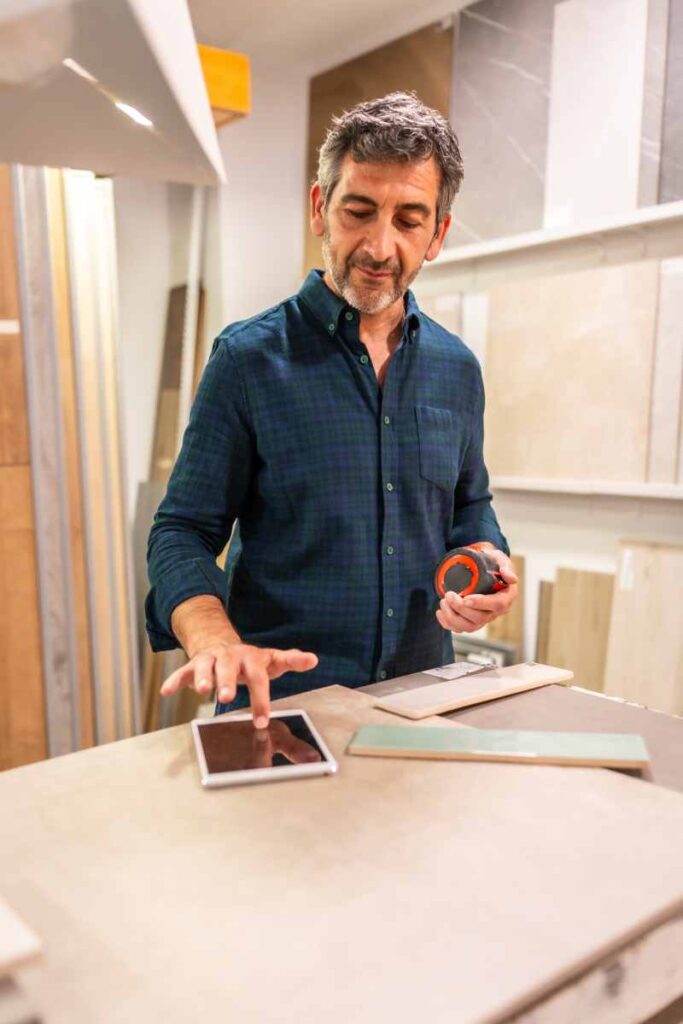 Architect using a digital tablet and choosing tiles in a home improvement store, holding a measuring tape