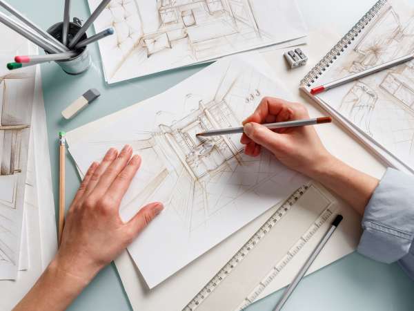 Interior designer making hand drawing pencil sketch of a bathroom