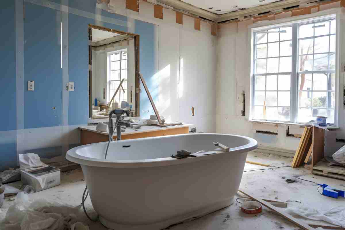 Under construction new bathtub remodeling a home bathroom, plumbing pipe for new sinks