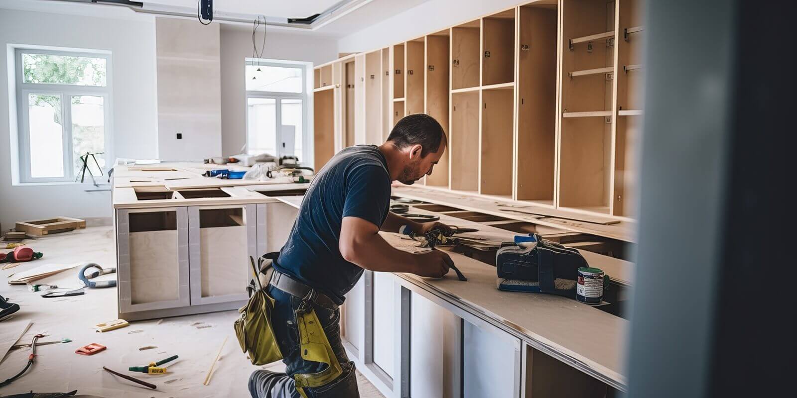carpenter installing modern kitchen furniture