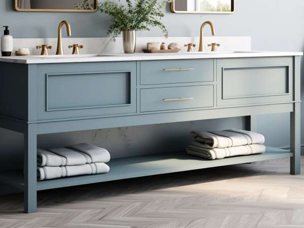Modern bathroom interior with blue double vanity