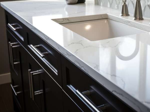 Modern bathroom vanity with white quartz countertop