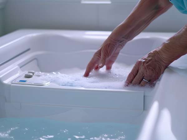 Elderly Person Using a Walk-In Bathtub for Improved Home Accessibility and Comfort