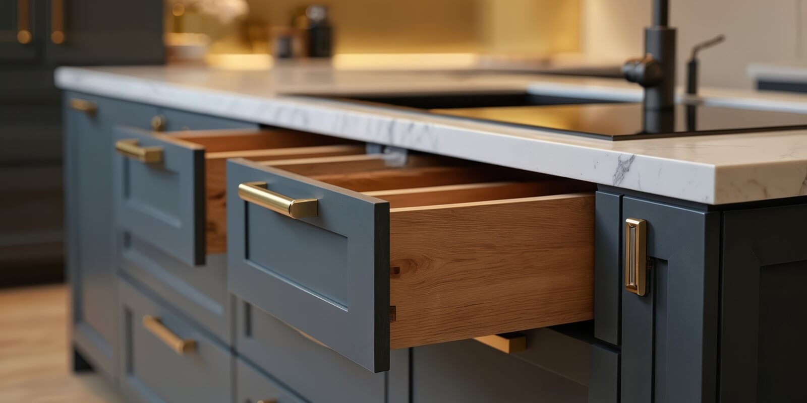 modern kitchen cabinets feature sophisticated grey finish with elegant gold hardware, marble countertops