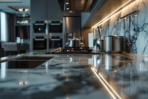modern kitchen design with marble countertop and stainless steel appliances for luxury interiors