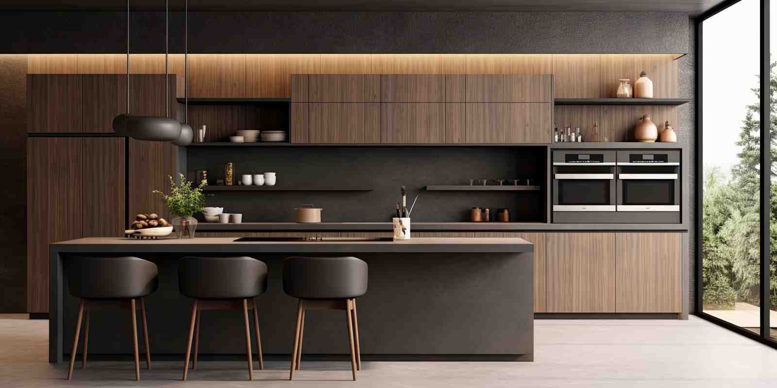 Modern Spacious Kitchen with Black and Dark Wooden Work