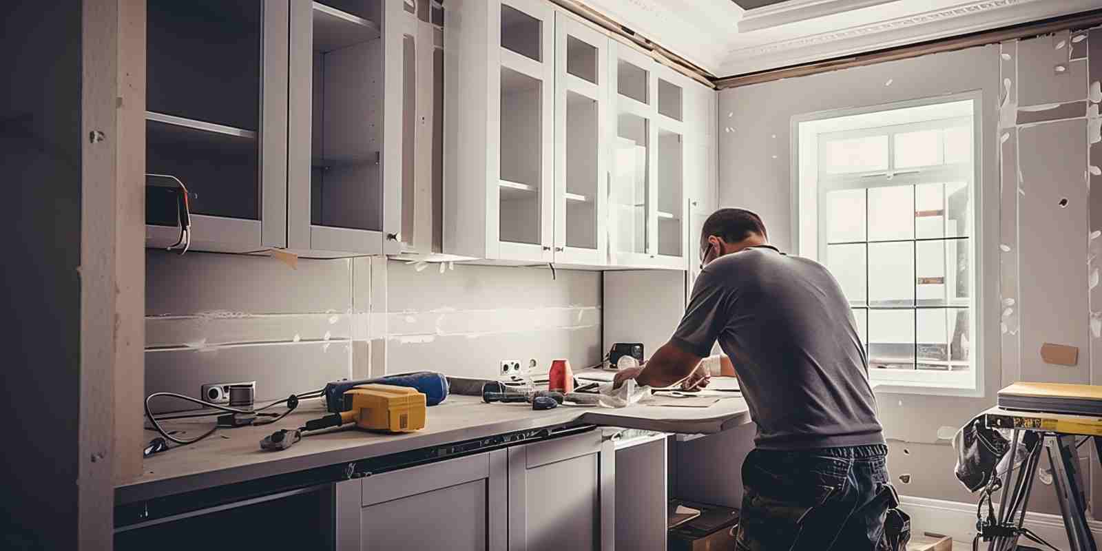 Carpenter Installing Modern Kitchen Furniture While Remodeling