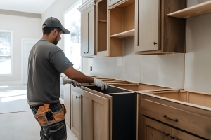 Worker Installing Cabinets in Kitchen