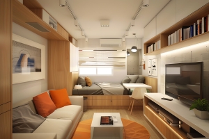 Compact Home Layout with Multi Purpose Furniture Functionality