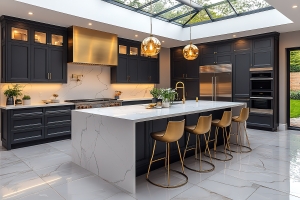 Trendy Kitchen with Sleek Black Cabinets and Large Marble Island