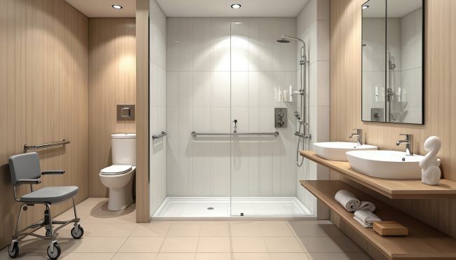 Modern bathroom design with accessibility features. It includes grab bars a roll in shower lowered sink. Accessible for those with mobility, issues or impairments.