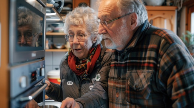 Senior couple in their kitchen, with one partner labeling cabinets and appliances, demonstrating coping mechanisms for memory loss.