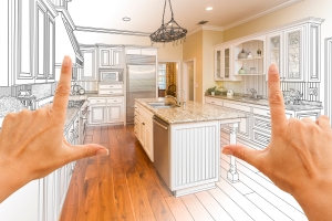 Designer Hands Framing Gradated Kitchen Design Drawing and Photo Combination