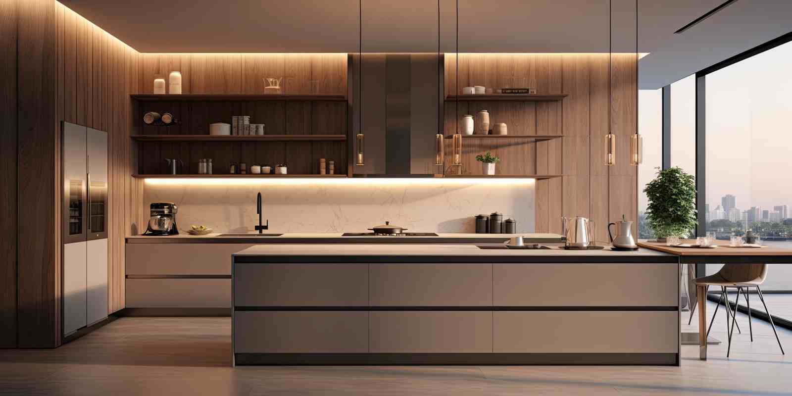 Modern Kitchen Interior Design with Cabinet and Handing Shalf Cupboard