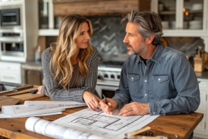 Couple Budgeting for Kitchen Remodel with Blueprint