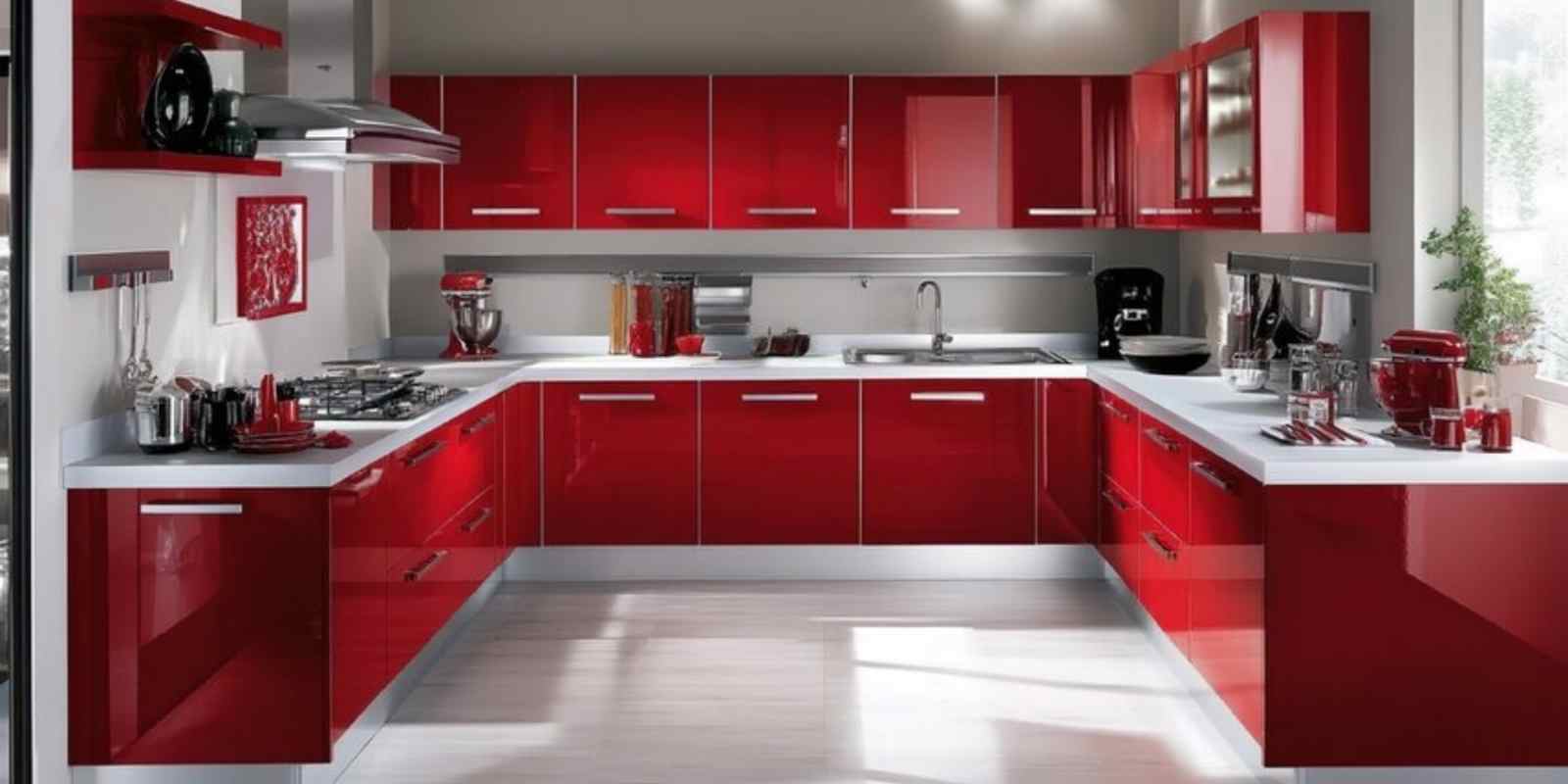 High-End Kitchen Upgraded with Red Cabinets and While Countertop