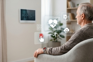 Senior Man Monitoring Health Vitals and Emergency Alerts on Smart Home Wall Panel