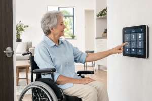 Senior Woman Sitting in a Wheelchair Using a Smart Home Control Panel Screen