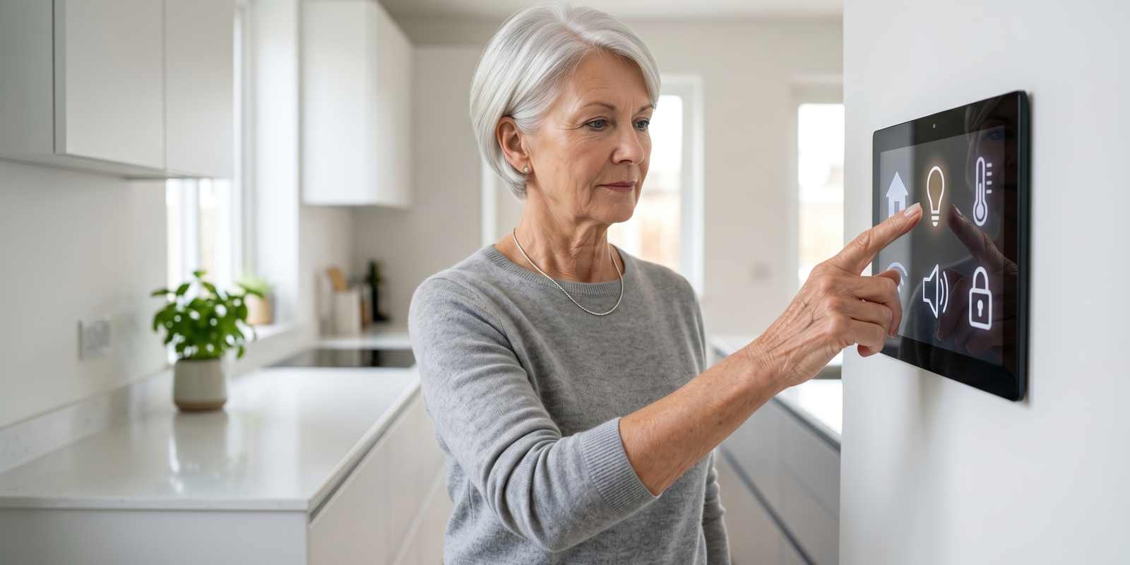 Senior Woman Using Smart Home Control Panel on Wall for Lighting and Temperature Control in Modern Kitchen