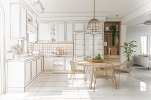 Beautiful Stylish Kitchen Interior Sketch Design and Drawing with Modern Furniture