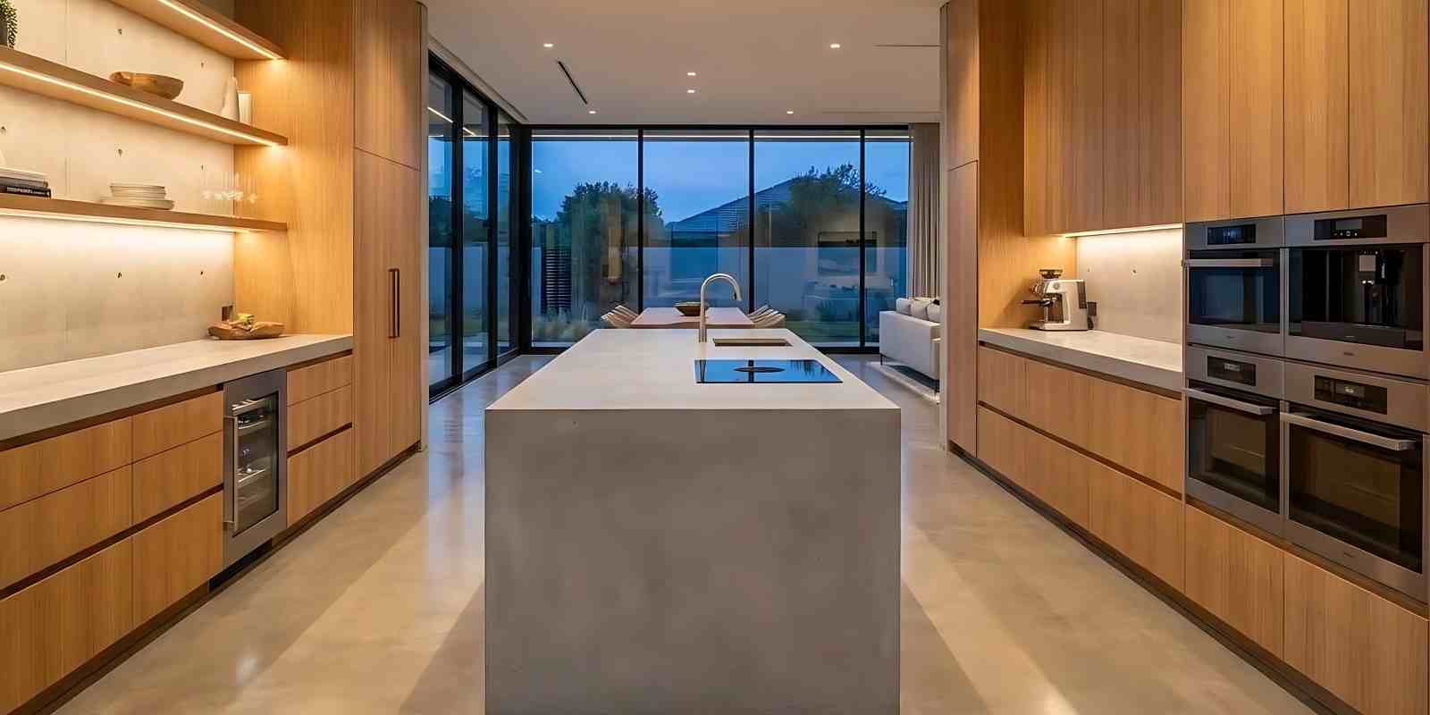 High-End Kitchen Upgrade with Island and Wooden Cabinets Illuminated by Ambient Lighting