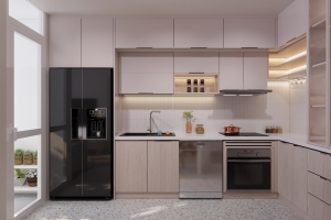 Modern High-End White Cabinet Kitchen with Integrated Fridge and Dishwasher