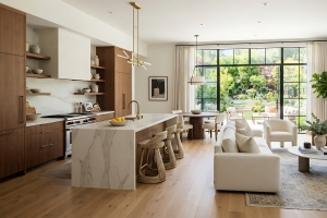 Luxury Open Plan Kitchen and Living Room with Marble Island and Wood Cabinets