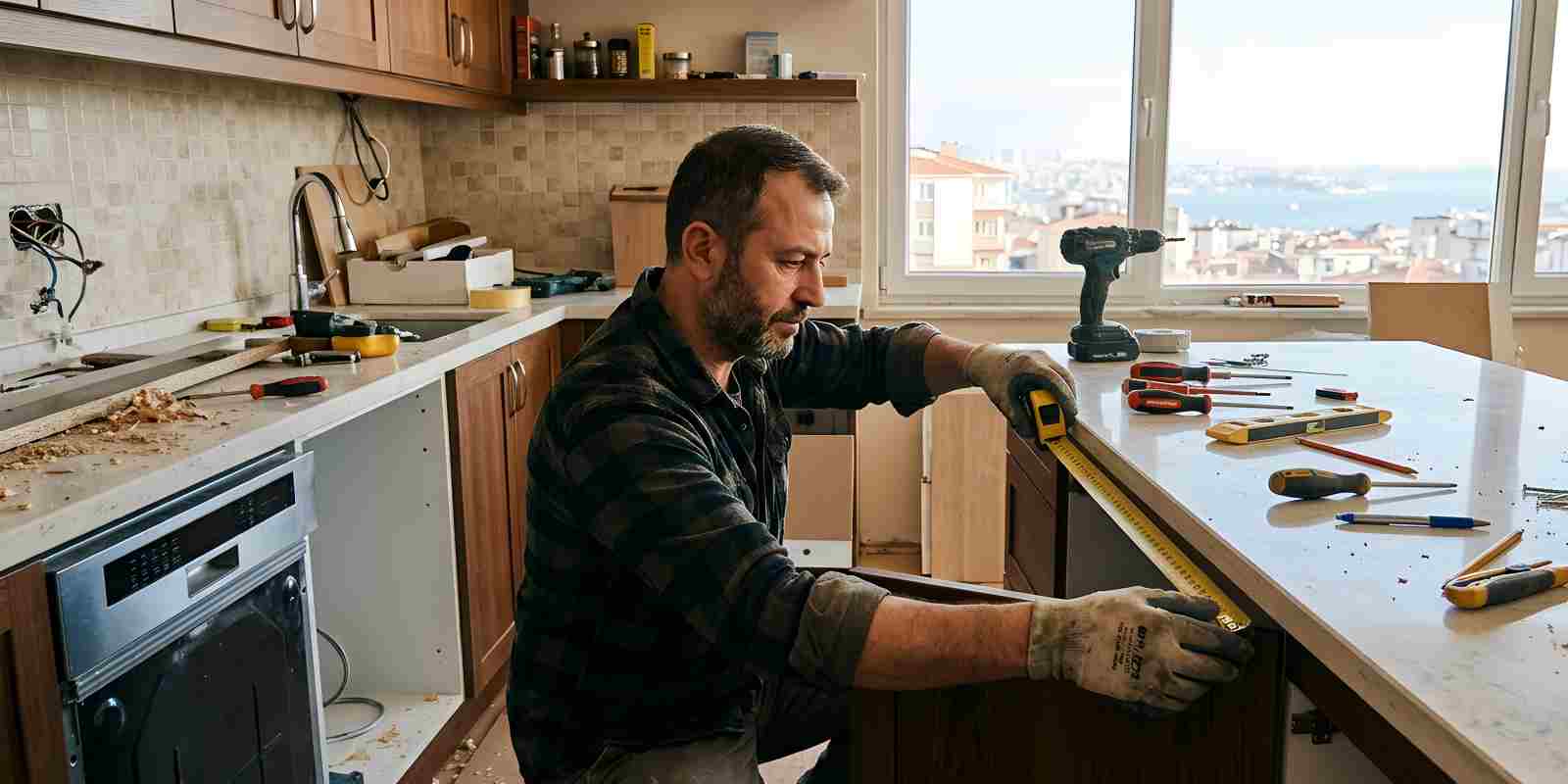 Man Measuring Cabinets During Kitchen Remodeling in Older Home