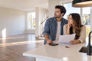 Couple Reviewing Kitchen Remodeling Finance Documents with a Calculator in a Bright Empty Kitchen