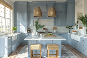 Modern Coastal Kitchen Interior with Light Blue Cabinets and Nautical Decor