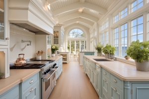 White and Blue Cape Cod Kitchen with Coastal Charm and Airy Design